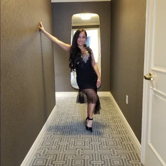 UNITEDWOOD Black Asymmetrical Lace Cocktail Sheer Dress Size 4 - Picture 11 of 13